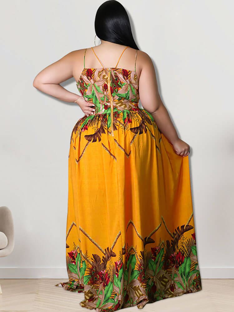 V Neck Floral Print Maxi Dress