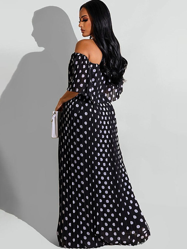 Chiffon Off Shoulder Polka Dot Maxi Dress