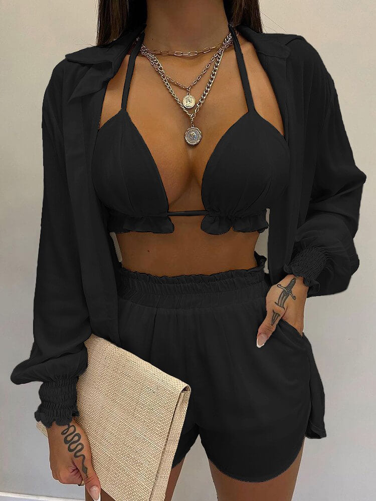 Three Piece Long Sleeve Ruffle Short Set