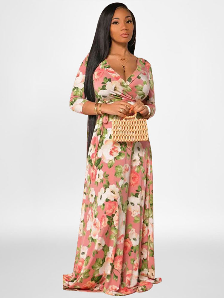 Plus Size Long Sleeves Floral Print Maxi Dress