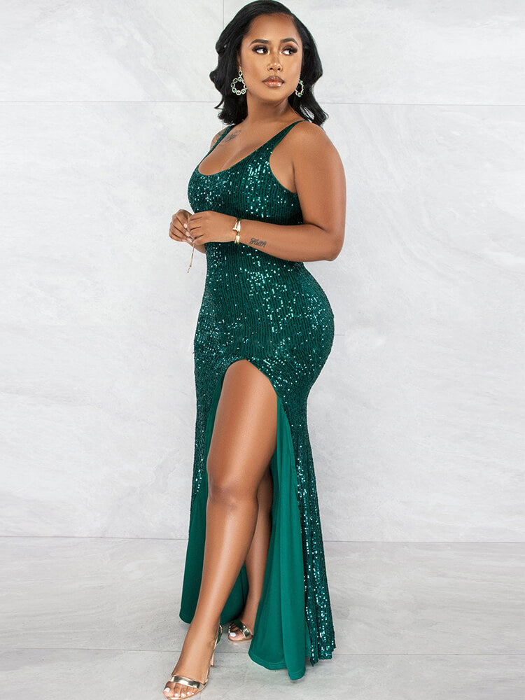 Sequin Sleevelesss Split Bodycon Maxi Dress