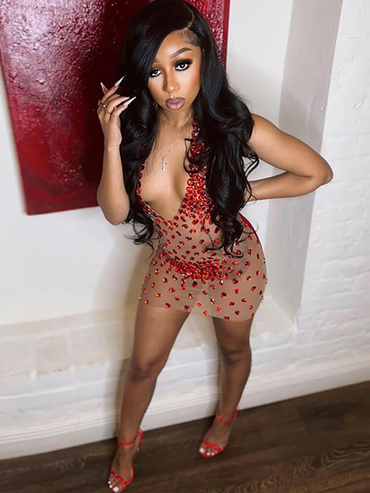 Rhinestone Patchwork Sleeveless Bodycon Mini Dress