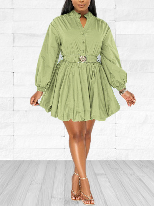 Stand Collar Long Sleeve A-line Mini Dress