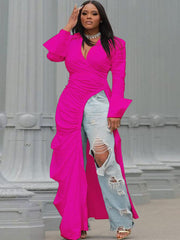 Long Sleeve V Neck Ruched Split Top