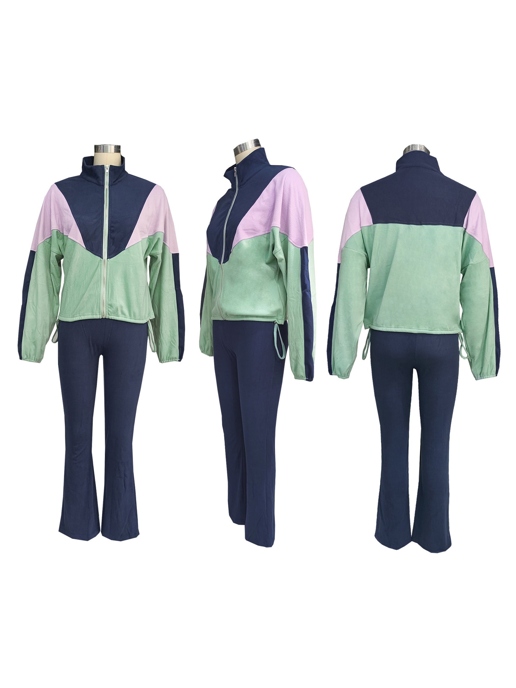 Color Block Zipper Cardigan and Tights Sports Set