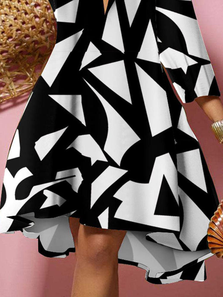 Long Sleeves V Neck Print Midi Dress