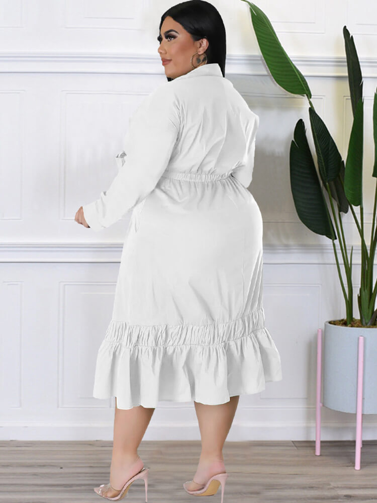 Long Sleeve Lace Up Solid Midi Dress