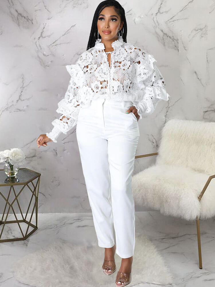 Lantern Sleeve Floral Hollow Out Top