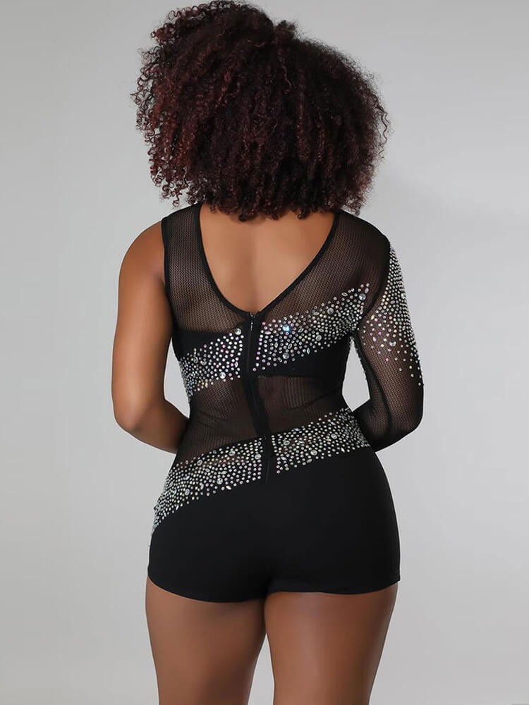 Rhinestone Mesh Patchwork Zip Up Romper