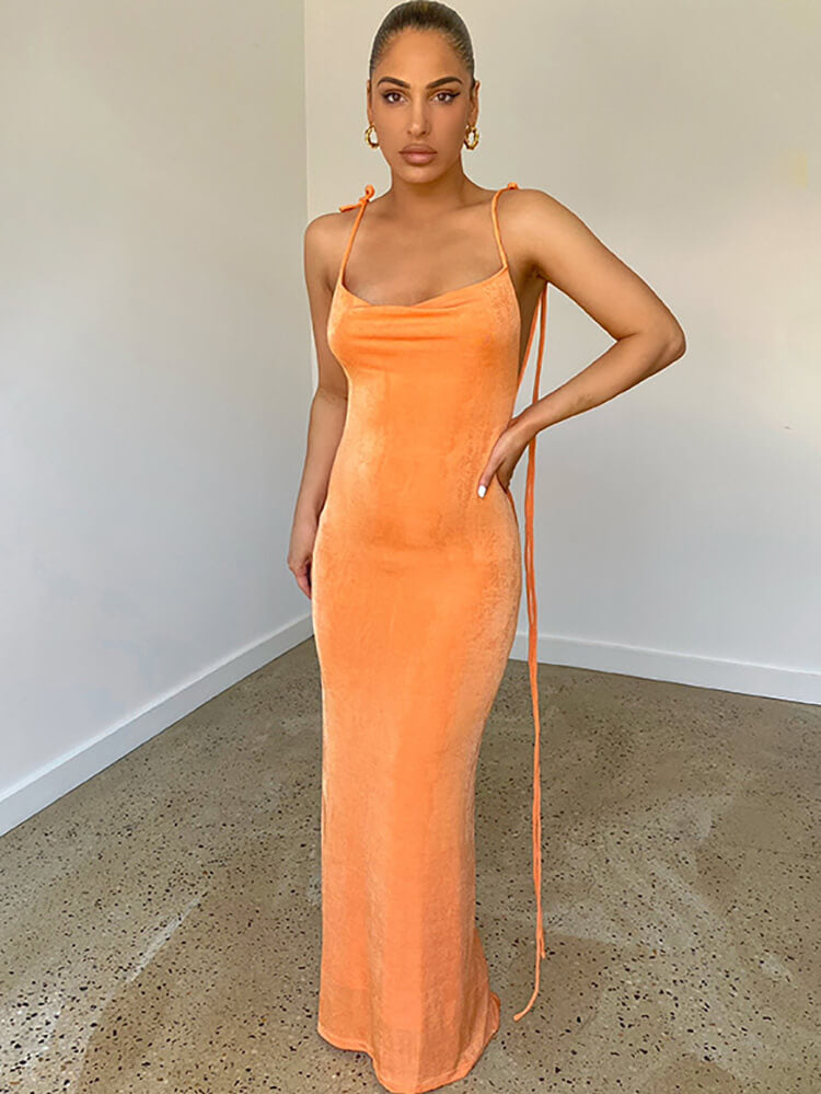 Swing Collar Spaghetti Strap Backless Maxi Dress