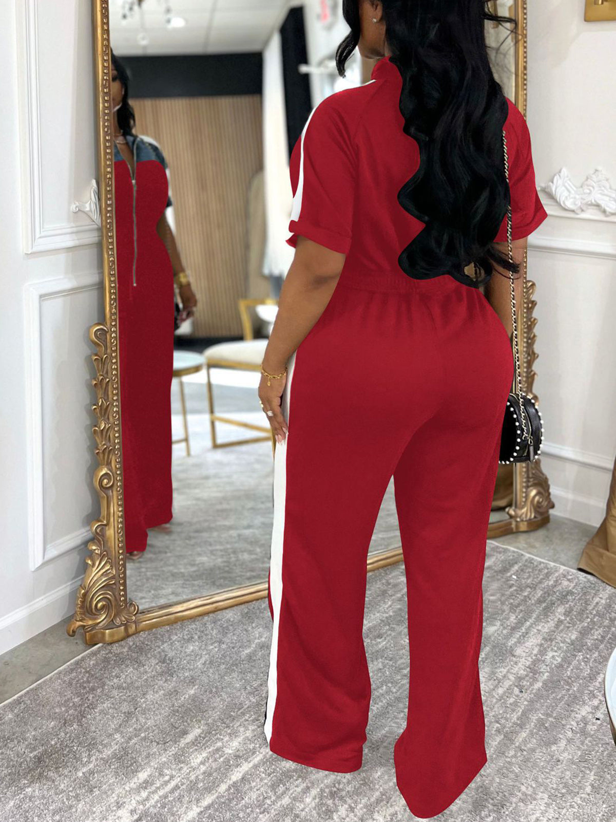 Denim Color Block Zipper Long Jumpsuit