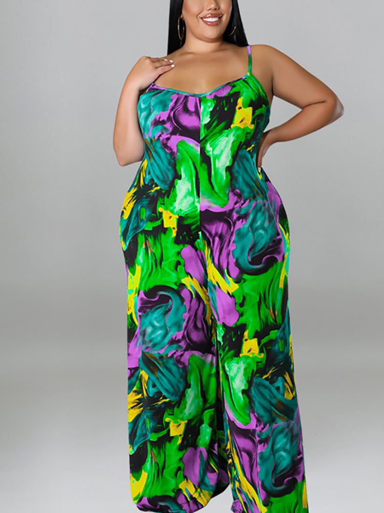 Plus Size Floral Print Strap Jumpsuit with Belt