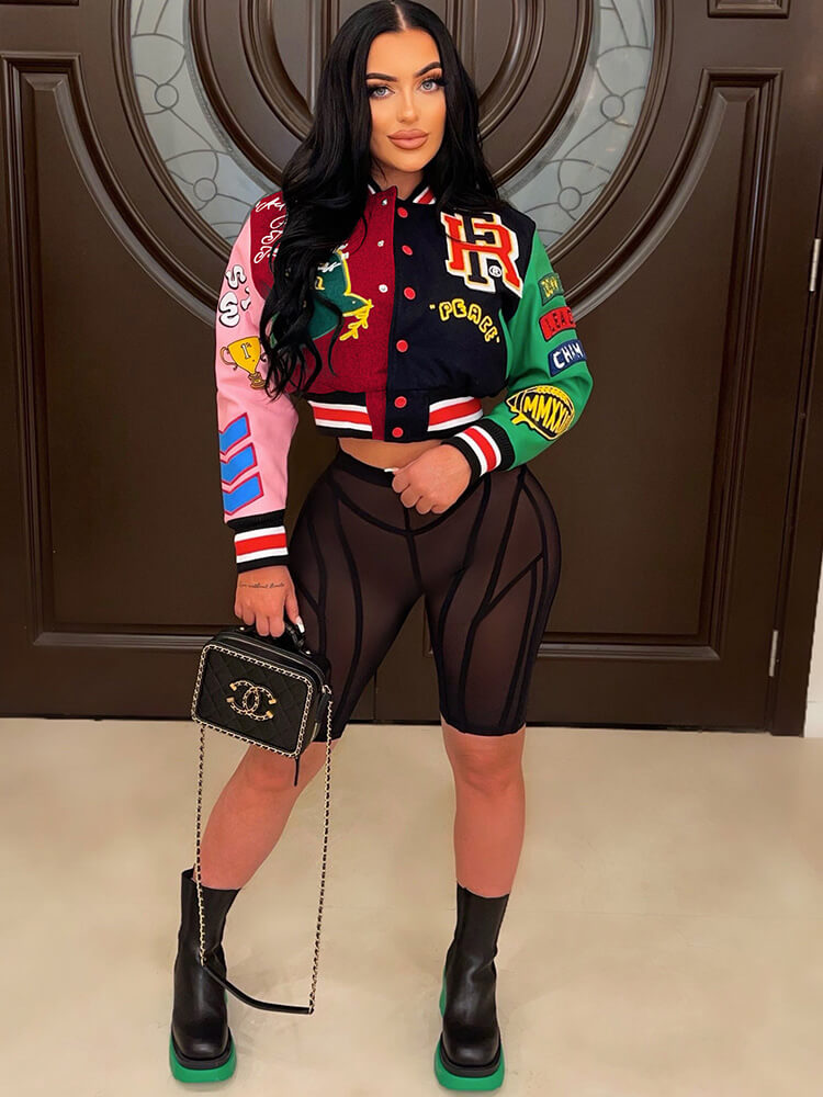 Long Sleeve Color Block Printed Baseball Jacket