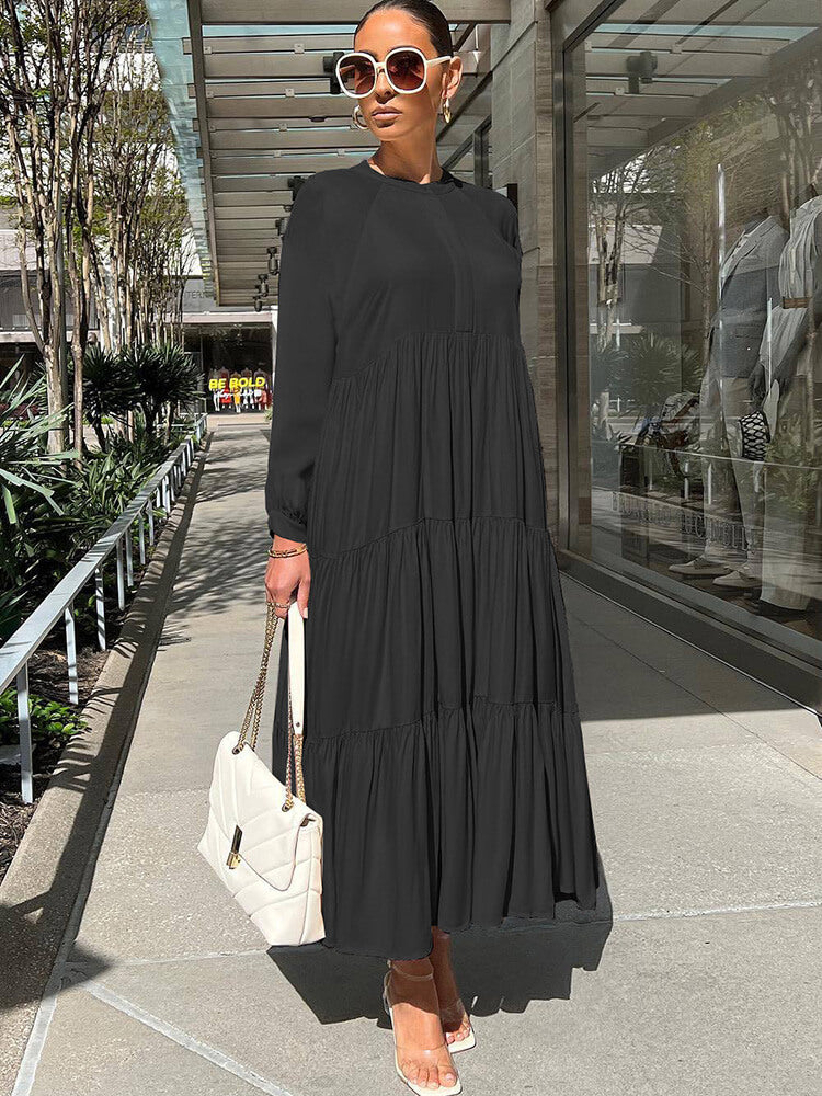 Long Sleeve Solid Ruffle Swing Maxi Dress