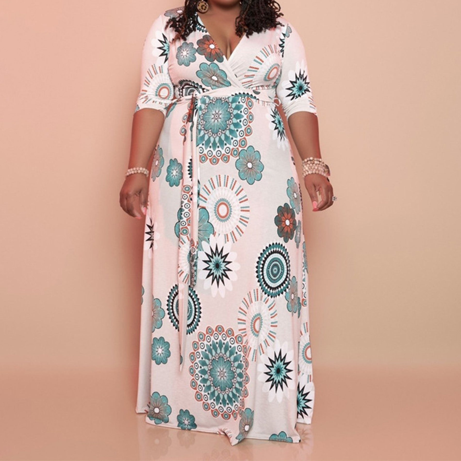 Plus Size V Neck Floral Printed Maxi Dress