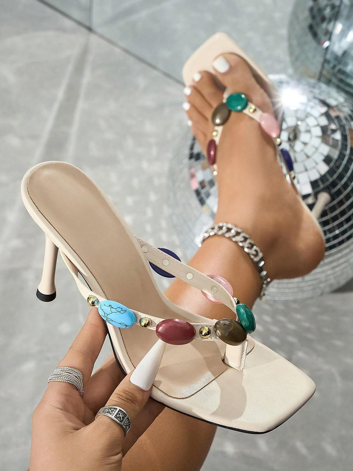 Gemstone Thong Strappy Stiletto Heels