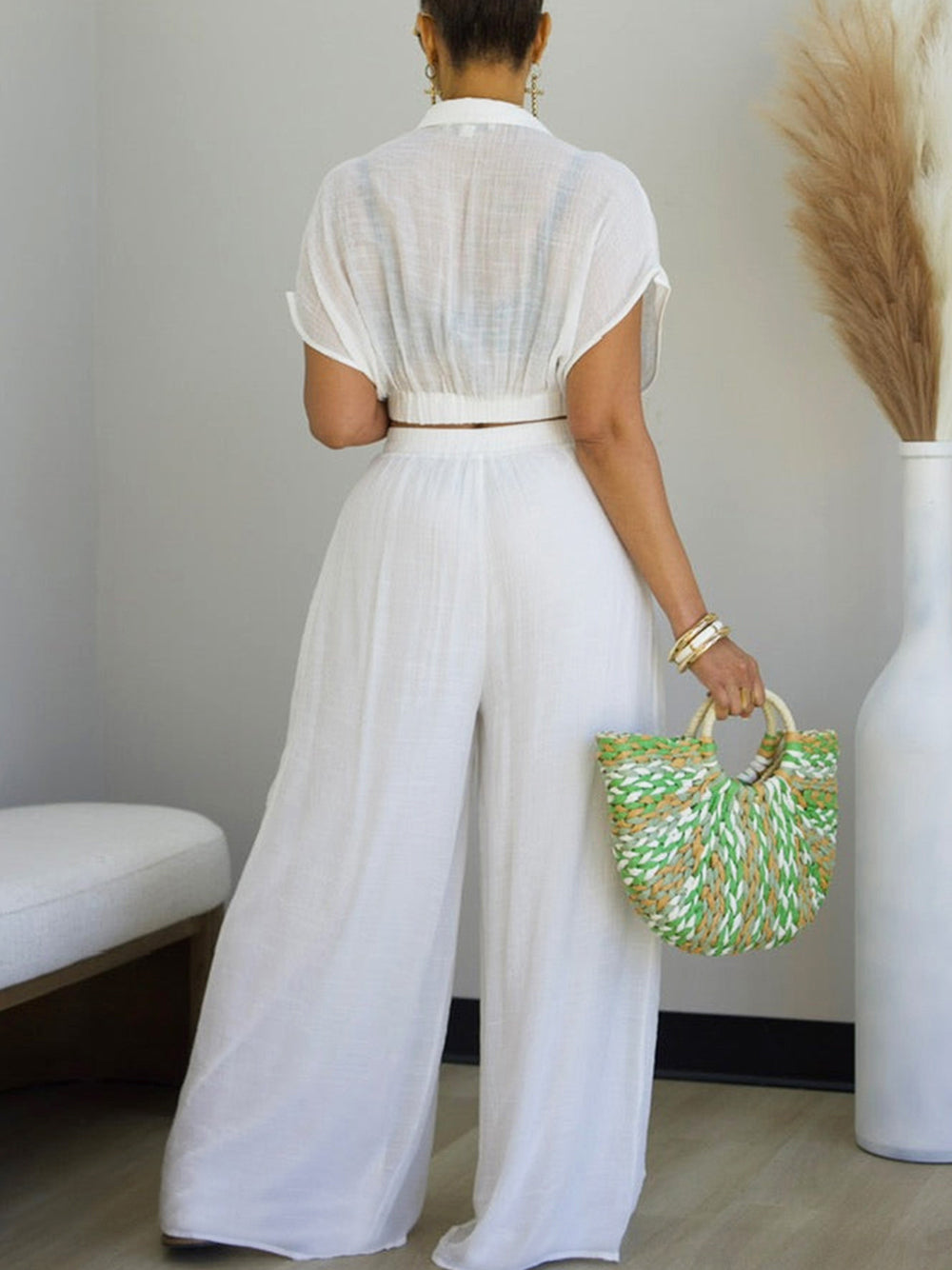 Solid Color Top Wide-Leg Pants Set