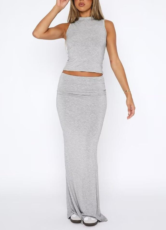 Two Piece Sleeveless Bodycon Top Ruched Skirt