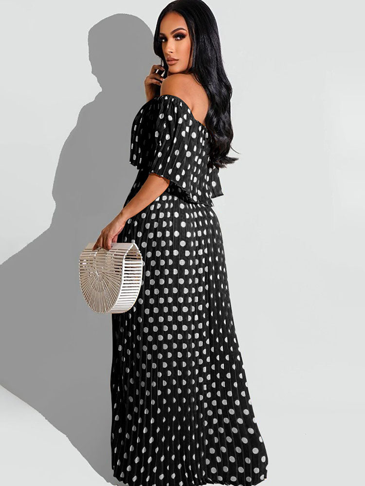 Chiffon Off Shoulder Polka Dot Maxi Dress