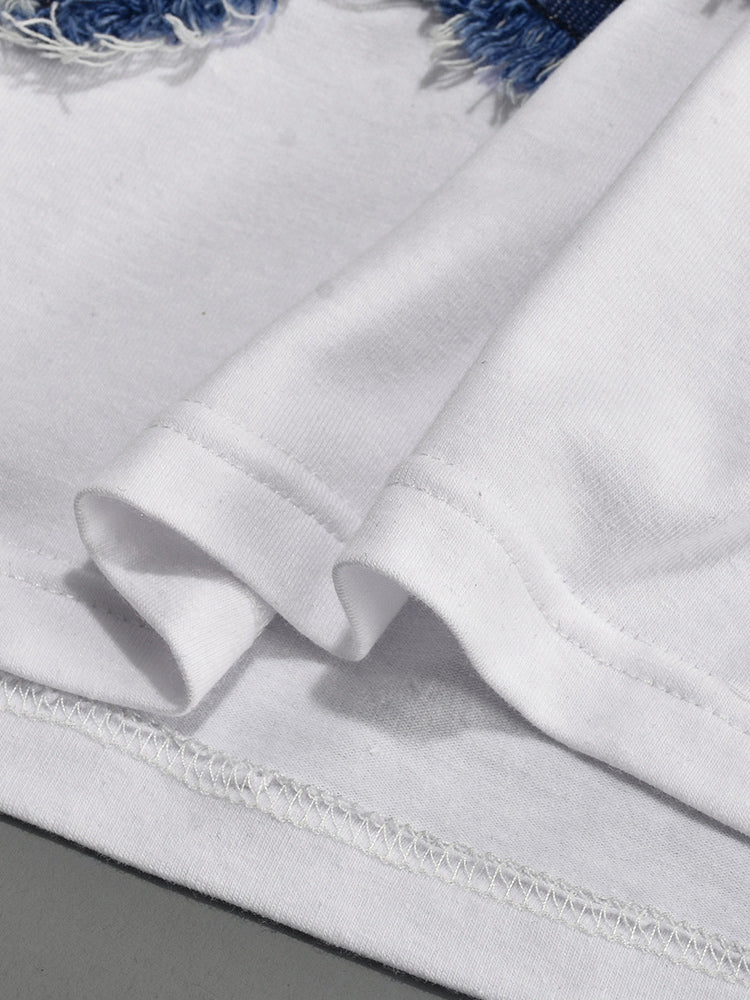 Patchwork Star Cropped Round Neck T-Shirt