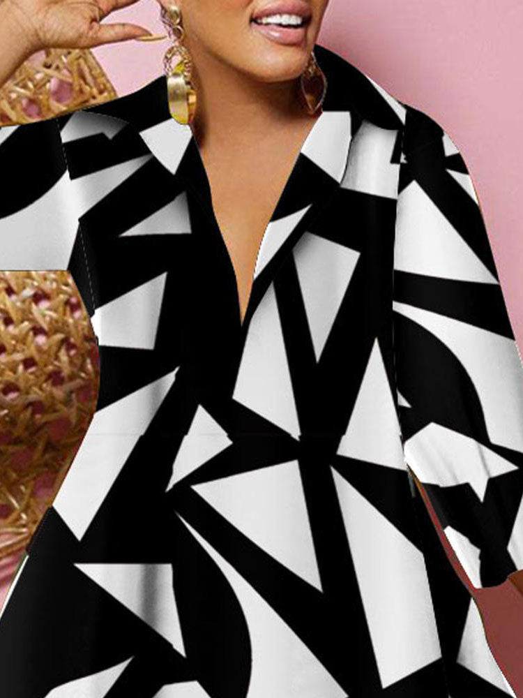 Long Sleeves V Neck Print Midi Dress