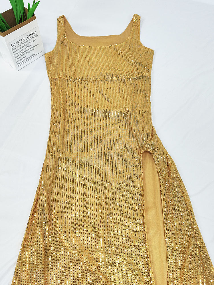 Sequin Sleevelesss Split Bodycon Maxi Dress