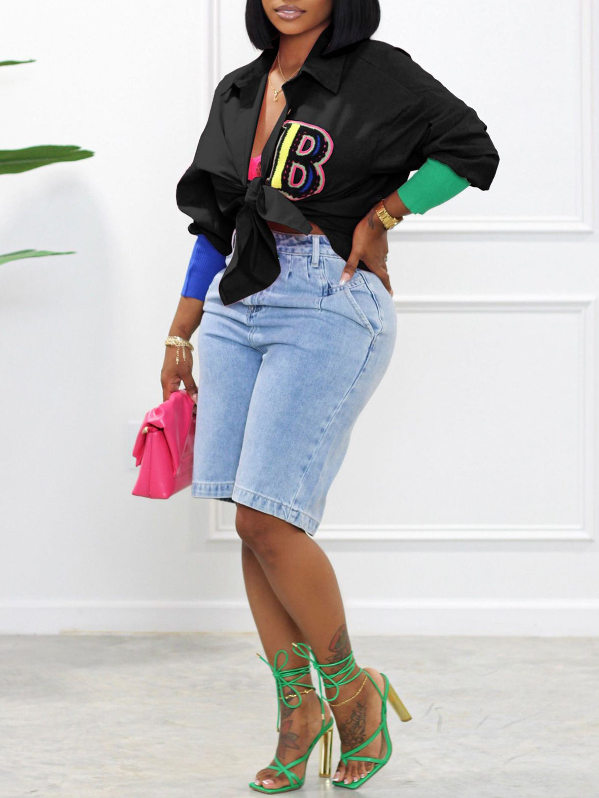 Long Sleeve Patchwork Button Blouse Top