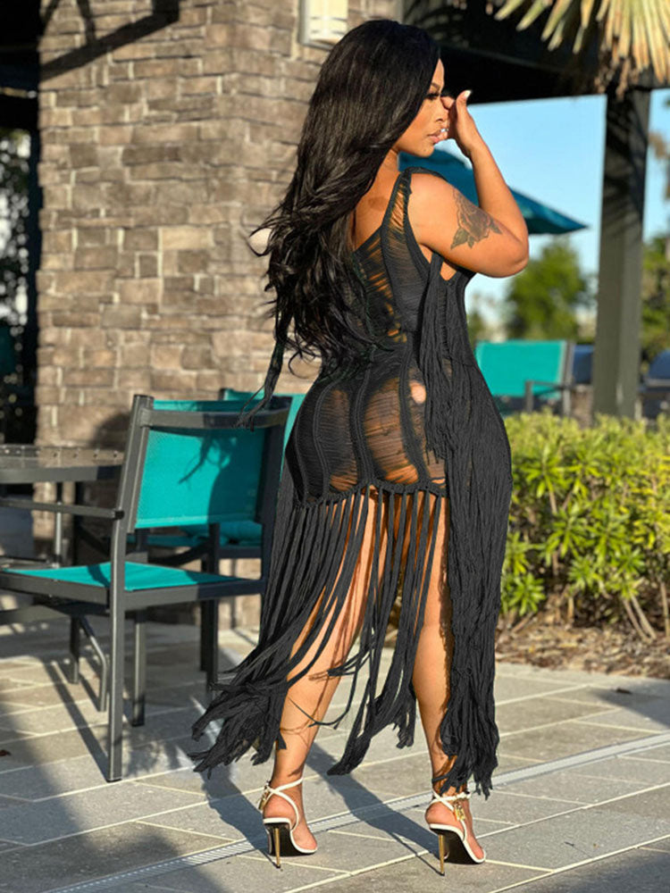 Tassel Hollow Out Fringed Beach Maxi Dress