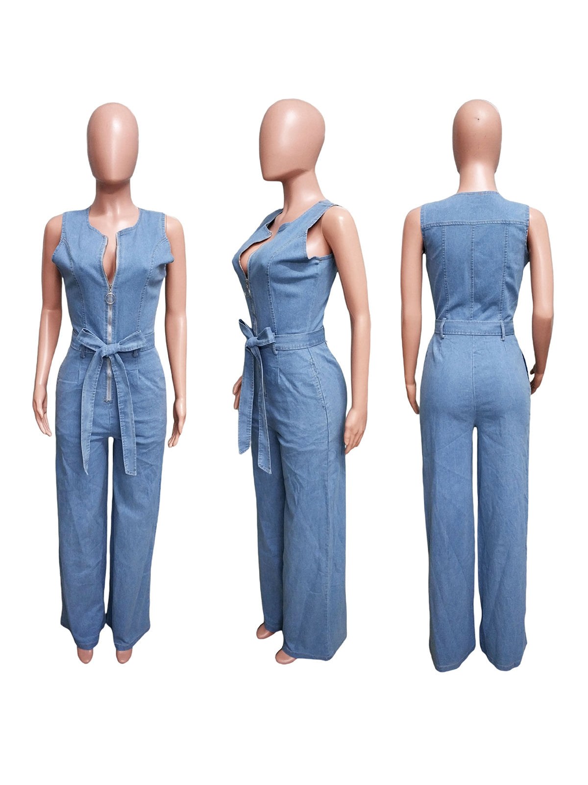 Sleeveless Tie-Waist Denim Jumpsuit
