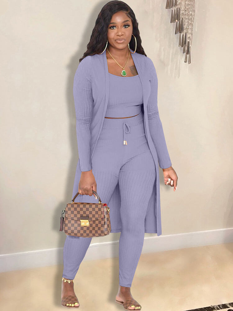 Open Front Cardigan Long Pants Three Piece Outfits