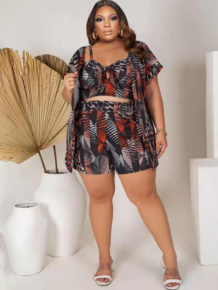 Three Piece Short Sleeve Floral Print shorts Set