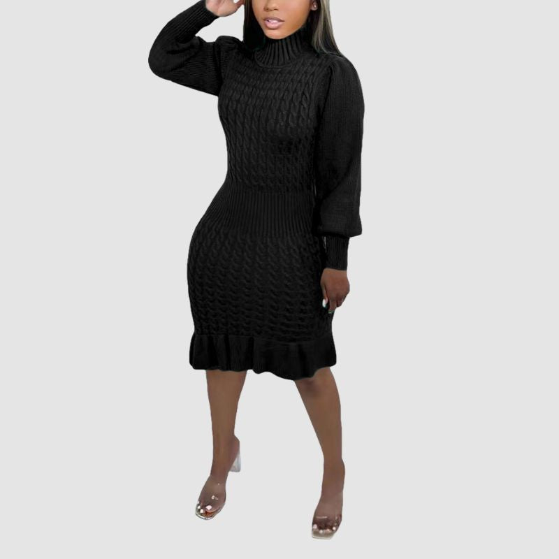 Ruffled Knitted Turtleneck Dress