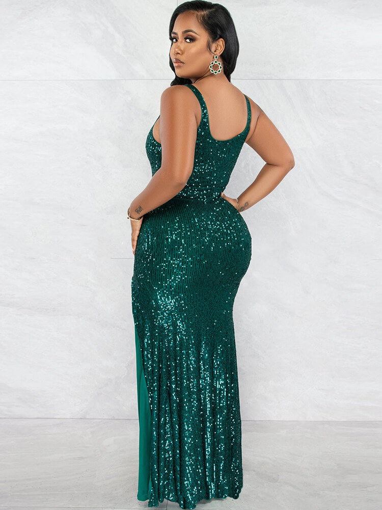 Sequin Sleevelesss Split Bodycon Maxi Dress