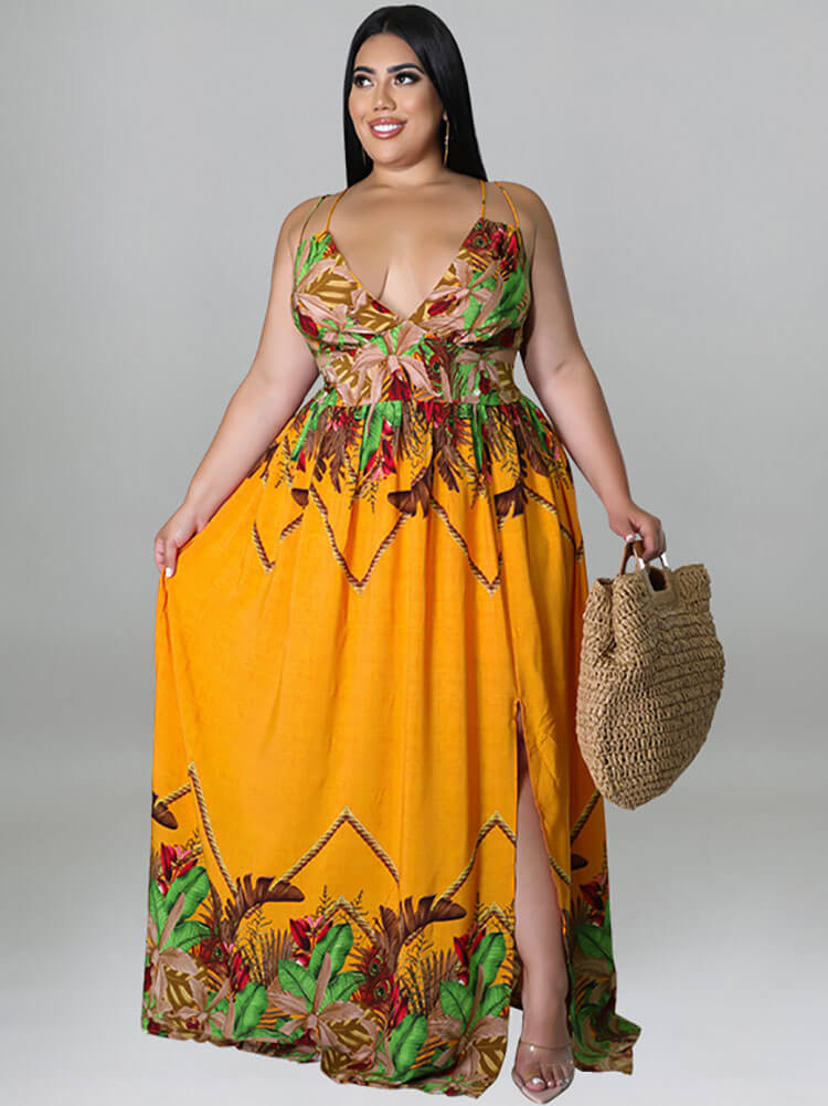 V Neck Floral Print Maxi Dress