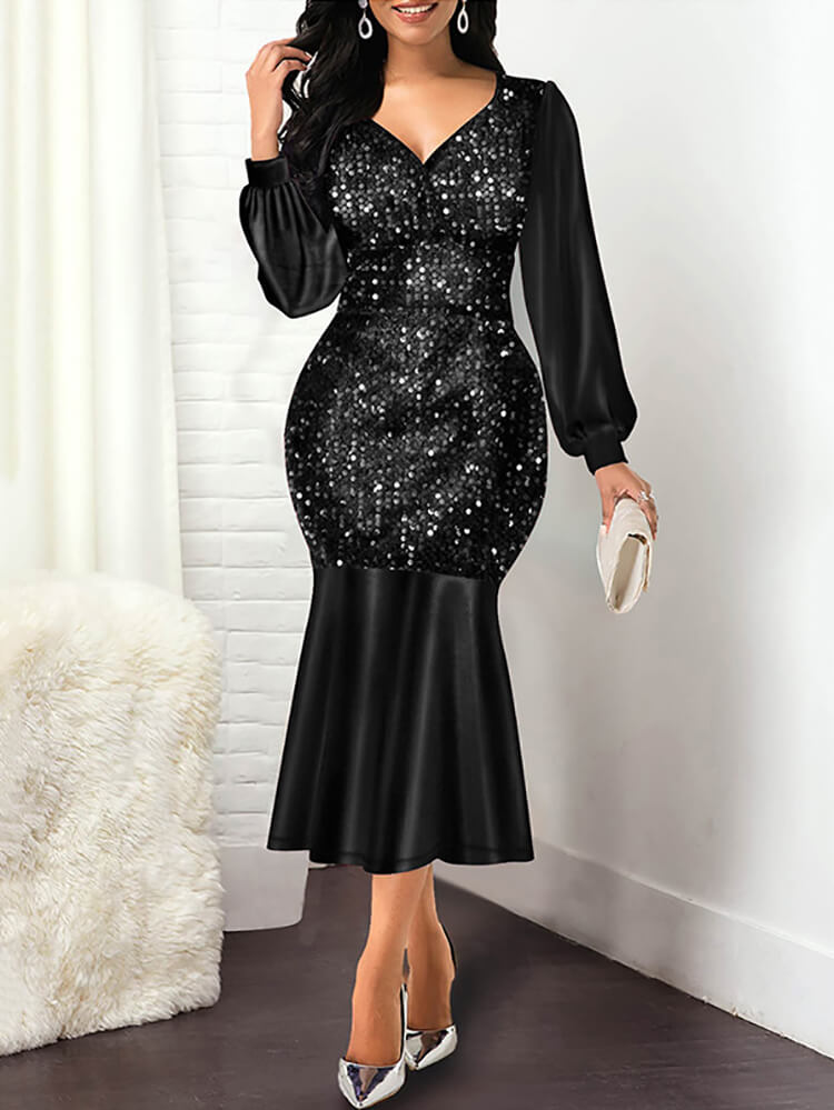 Lantern Sleeve Sequin Patchwork Midi Dress
