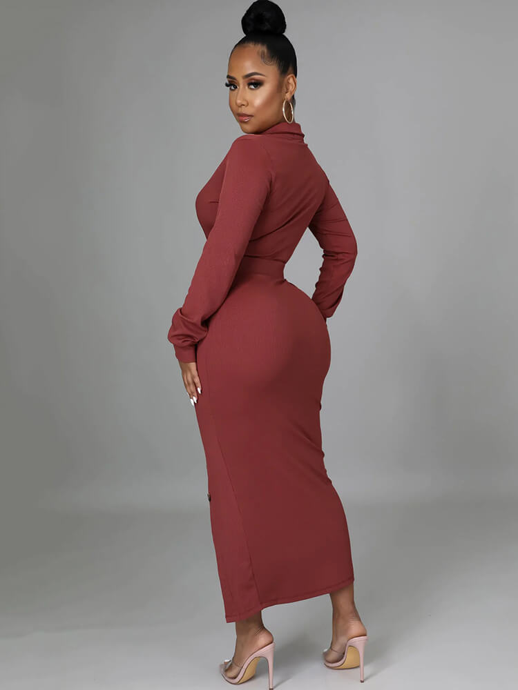 Long Sleeve V Neck Split Midi Dress