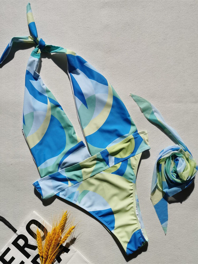 Two Piece Geometric Sleeveless Halter Neck Swimsuit
