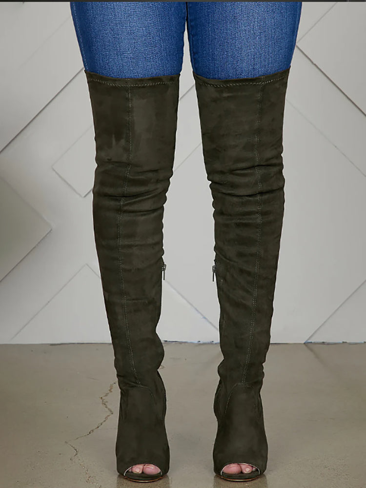 Open-Toe Side Zipper Suede Knee-High Boots