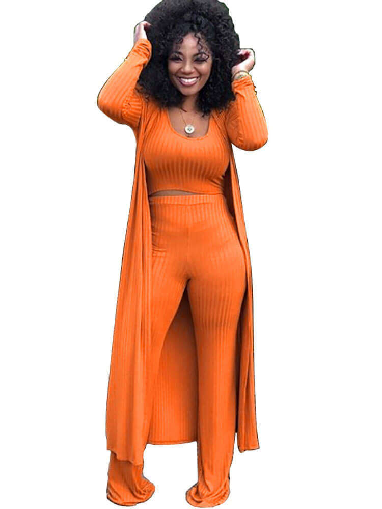 Three Pieces Set Crop Top Long Kimono Cardigan Pants