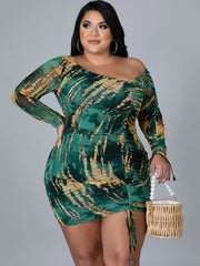 One Shoulder Tie Dye Drawstring Mini Dress