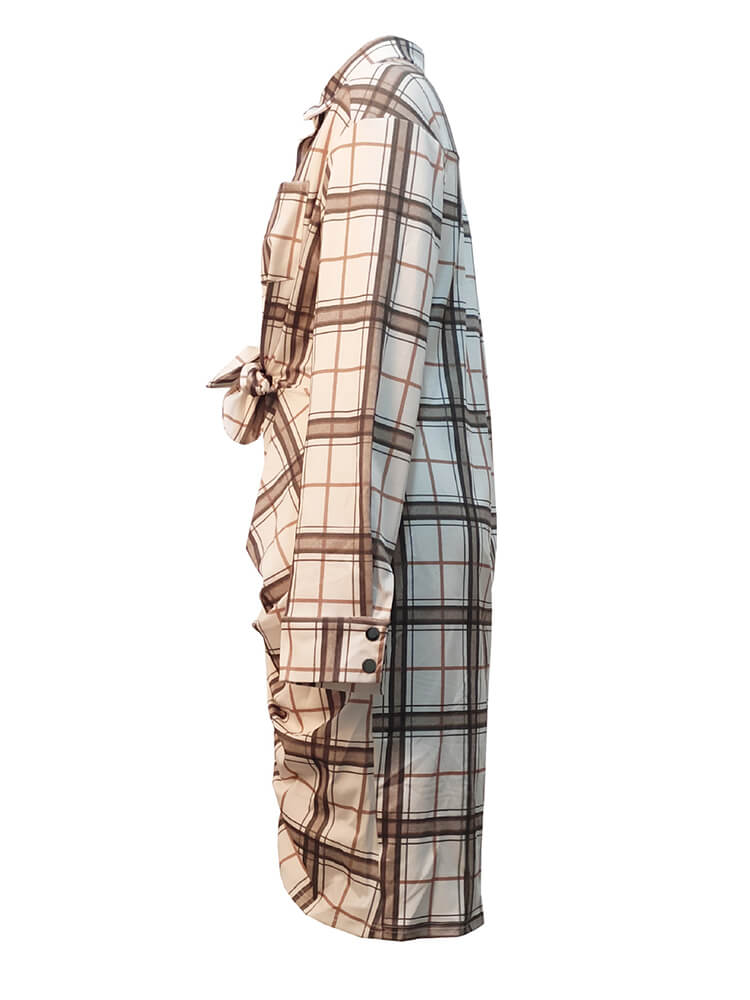 Long Sleeve Plaid Print Ruched Midi Dress