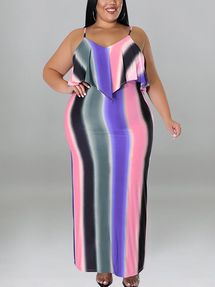 Plus Size Ruffle Strap Rainbow Stripe Print Dress