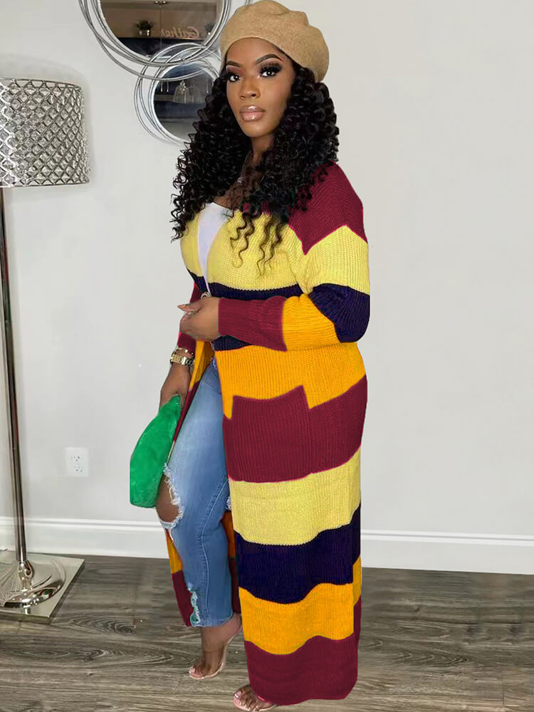 Knit Long Sleeve Color Block Bodycon Cardigan