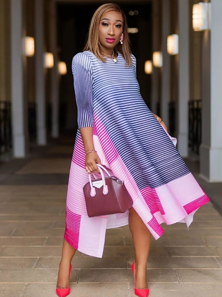 Half Sleeves Striped Asymmetrical Midi Dress