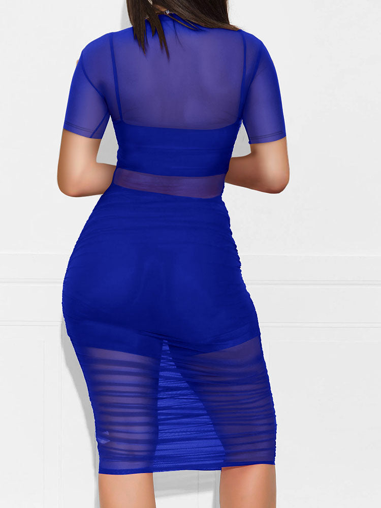 Three Piece Short Sleeve Mesh Ruched Midi Dress