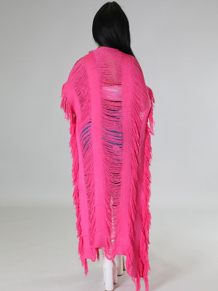 Knit Tassels Short Sleeves Long Cardigan