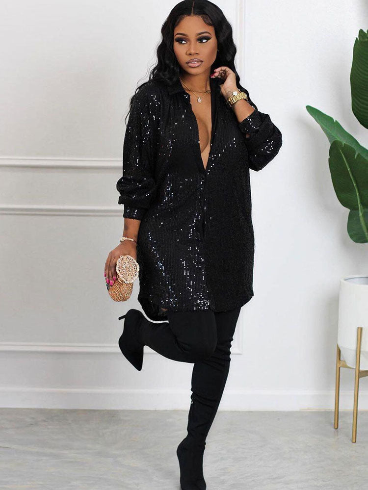 Glitter Sequins Long Sleeve Mini Shirt Dress