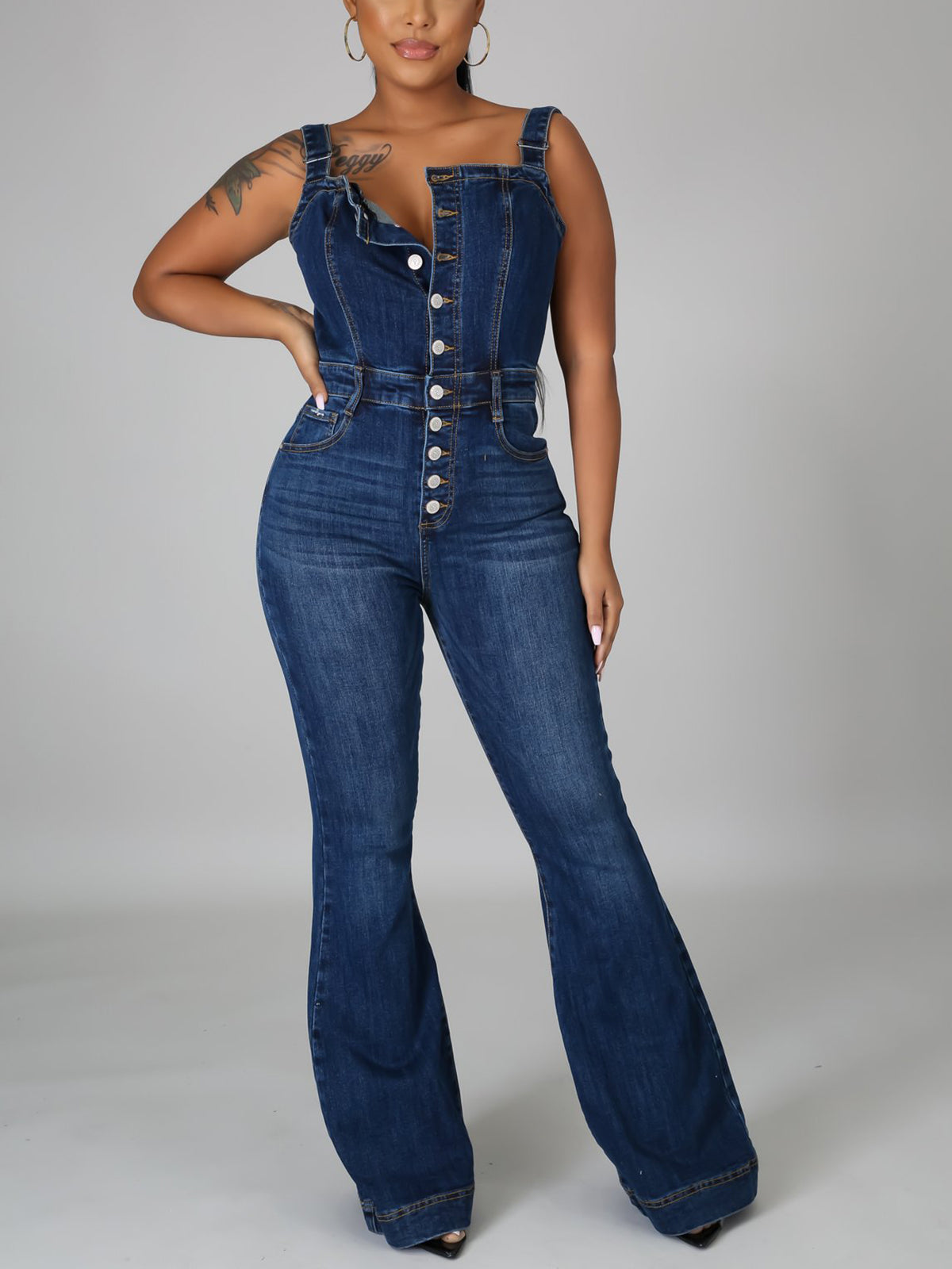 Button-Up Flared Denim Jumpsuit