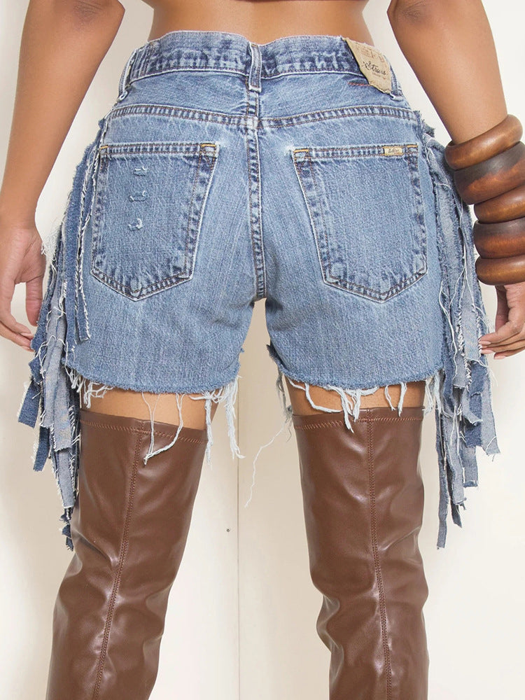 High Waist Distressed Fringe Denim Shorts