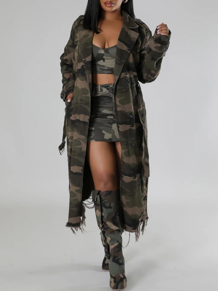 Distressed Camouflage Trench Coat